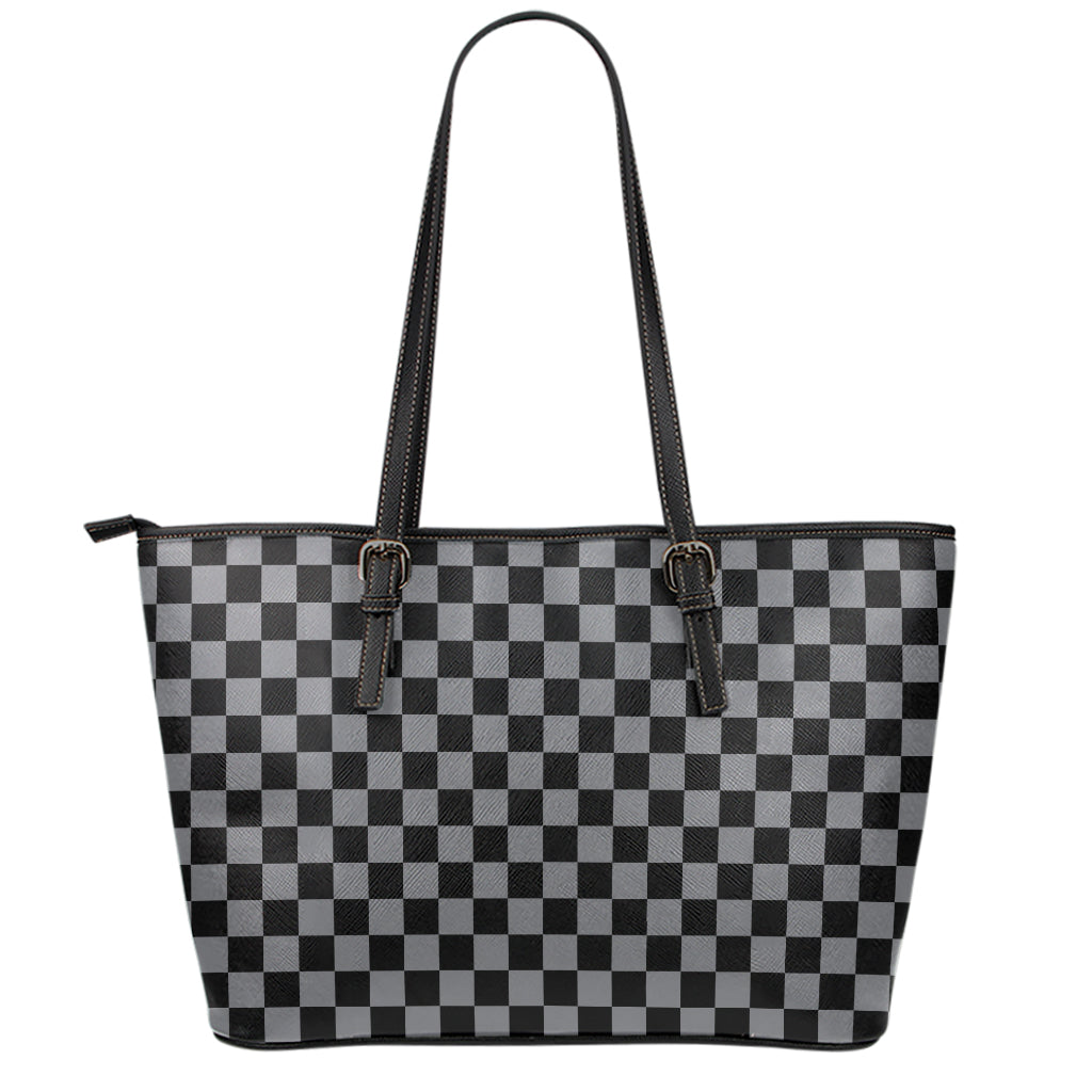 Grey And Black Checkered Pattern Print Leather Tote Bag