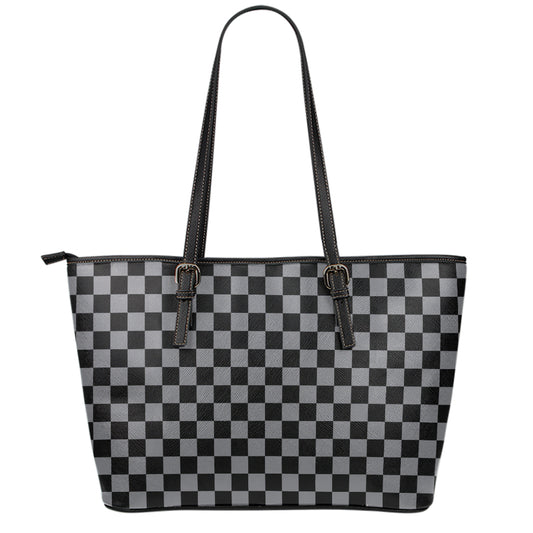 Grey And Black Checkered Pattern Print Leather Tote Bag