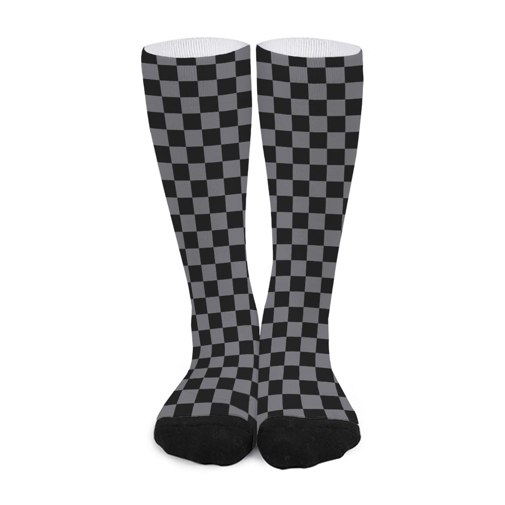 Grey And Black Checkered Pattern Print Long Socks