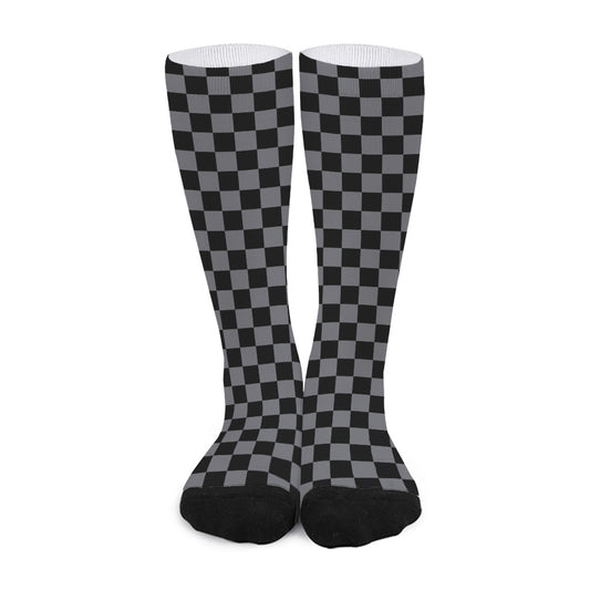 Grey And Black Checkered Pattern Print Long Socks
