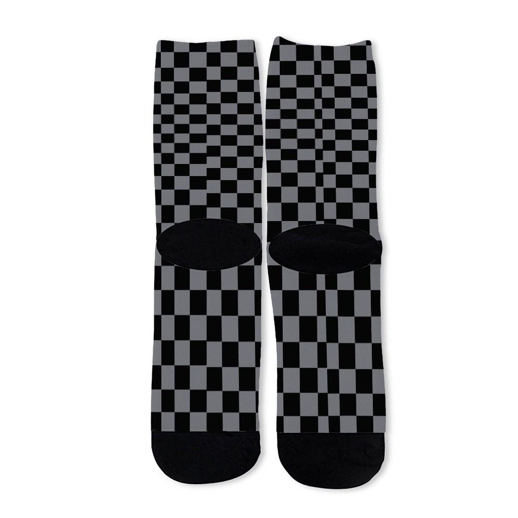 Grey And Black Checkered Pattern Print Long Socks