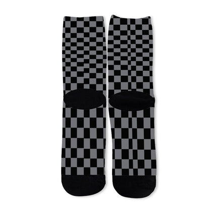 Grey And Black Checkered Pattern Print Long Socks