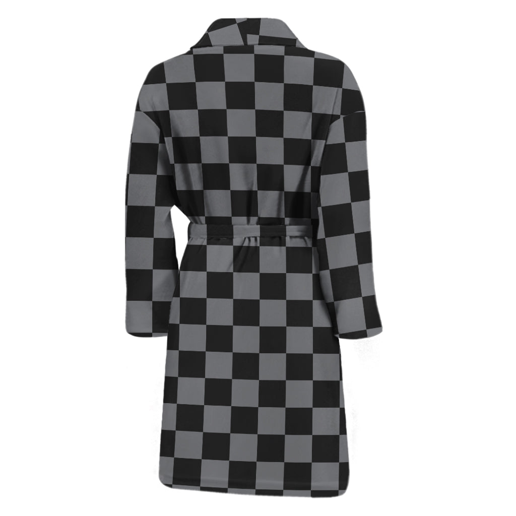 Grey And Black Checkered Pattern Print Men's Bathrobe