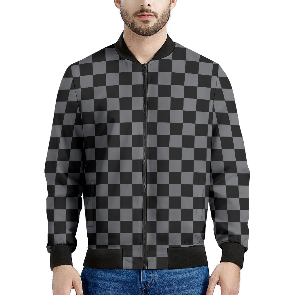 Grey And Black Checkered Pattern Print Men's Bomber Jacket