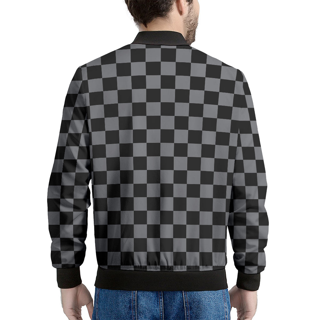 Grey And Black Checkered Pattern Print Men's Bomber Jacket
