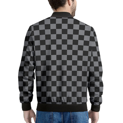 Grey And Black Checkered Pattern Print Men's Bomber Jacket