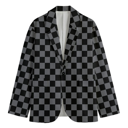 Grey And Black Checkered Pattern Print Men's Cotton Blazer