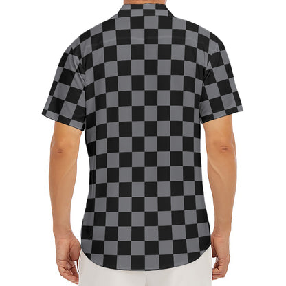 Grey And Black Checkered Pattern Print Men's Deep V-Neck Shirt