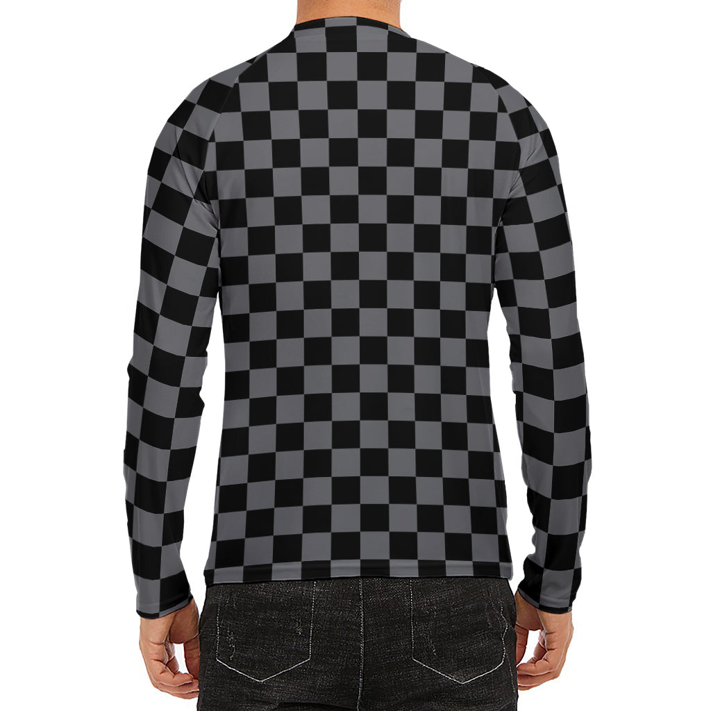 Grey And Black Checkered Pattern Print Men's Long Sleeve Rash Guard
