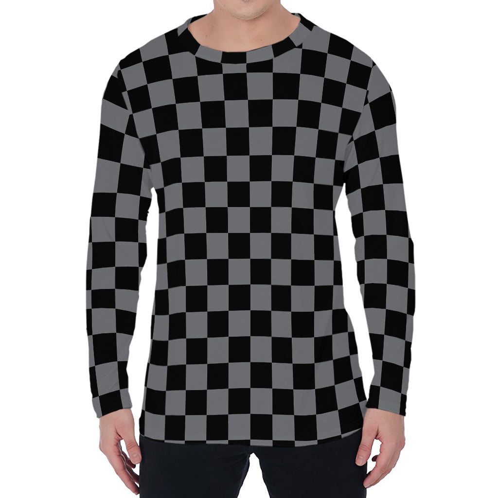 Grey And Black Checkered Pattern Print Men's Long Sleeve T-Shirt