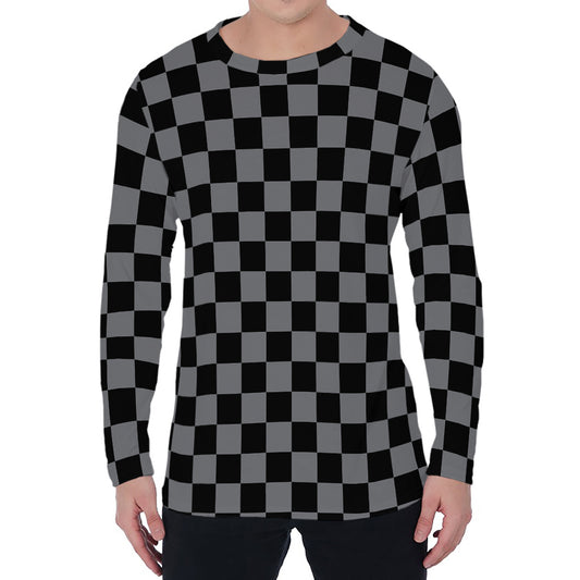 Grey And Black Checkered Pattern Print Men's Long Sleeve T-Shirt