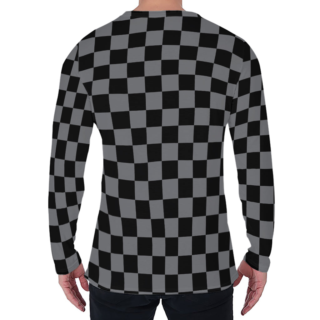Grey And Black Checkered Pattern Print Men's Long Sleeve T-Shirt