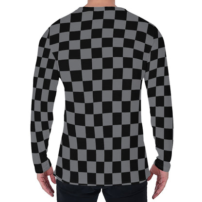 Grey And Black Checkered Pattern Print Men's Long Sleeve T-Shirt