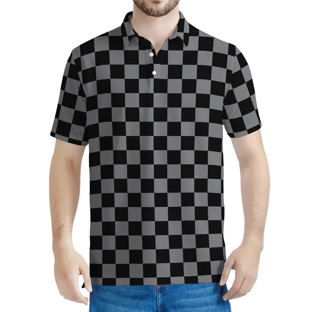 Grey And Black Checkered Pattern Print Men's Polo Shirt