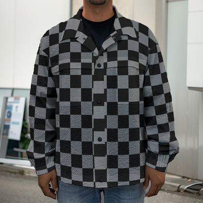 Grey And Black Checkered Pattern Print Men's Shirt Jacket