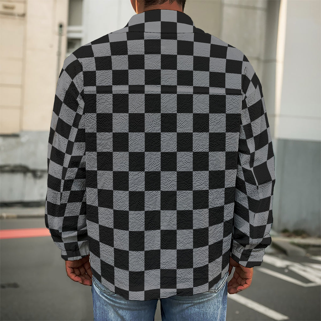 Grey And Black Checkered Pattern Print Men's Shirt Jacket