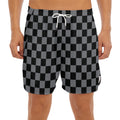 Grey And Black Checkered Pattern Print Men's Split Running Shorts