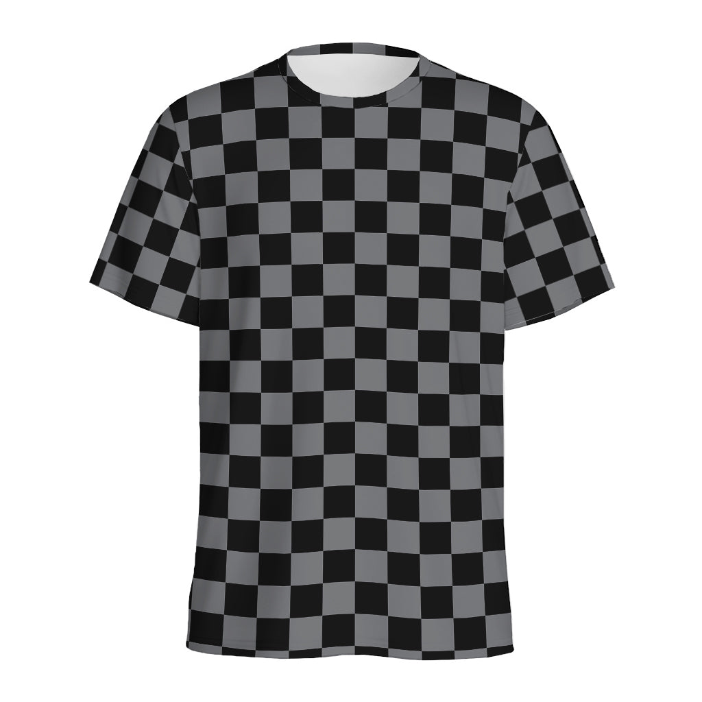Grey And Black Checkered Pattern Print Men's Sports T-Shirt