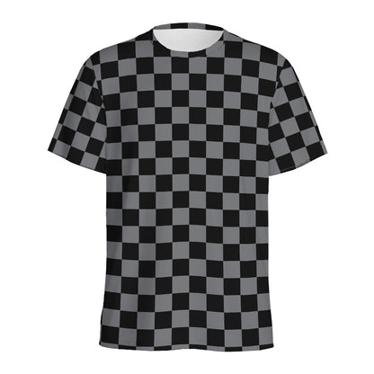Grey And Black Checkered Pattern Print Men's Sports T-Shirt