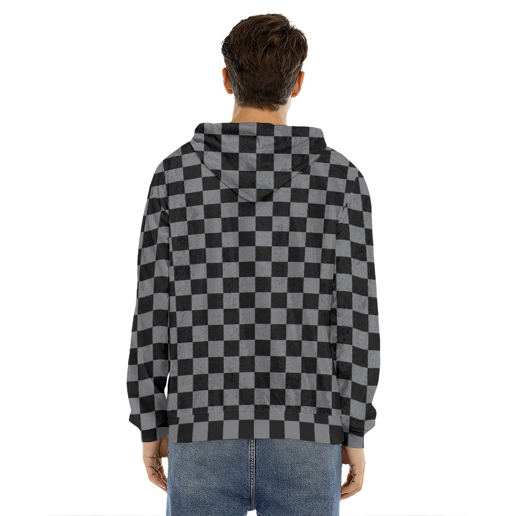 Grey And Black Checkered Pattern Print Men's Velvet Pullover Hoodie