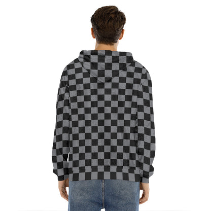 Grey And Black Checkered Pattern Print Men's Velvet Pullover Hoodie