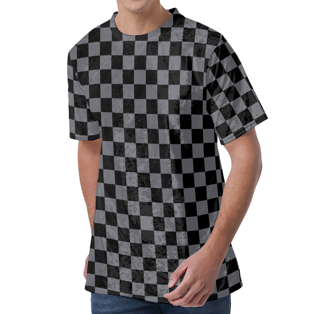 Grey And Black Checkered Pattern Print Men's Velvet T-Shirt