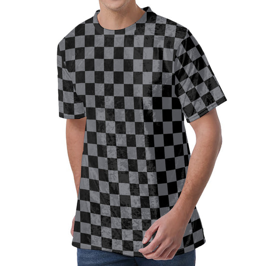 Grey And Black Checkered Pattern Print Men's Velvet T-Shirt