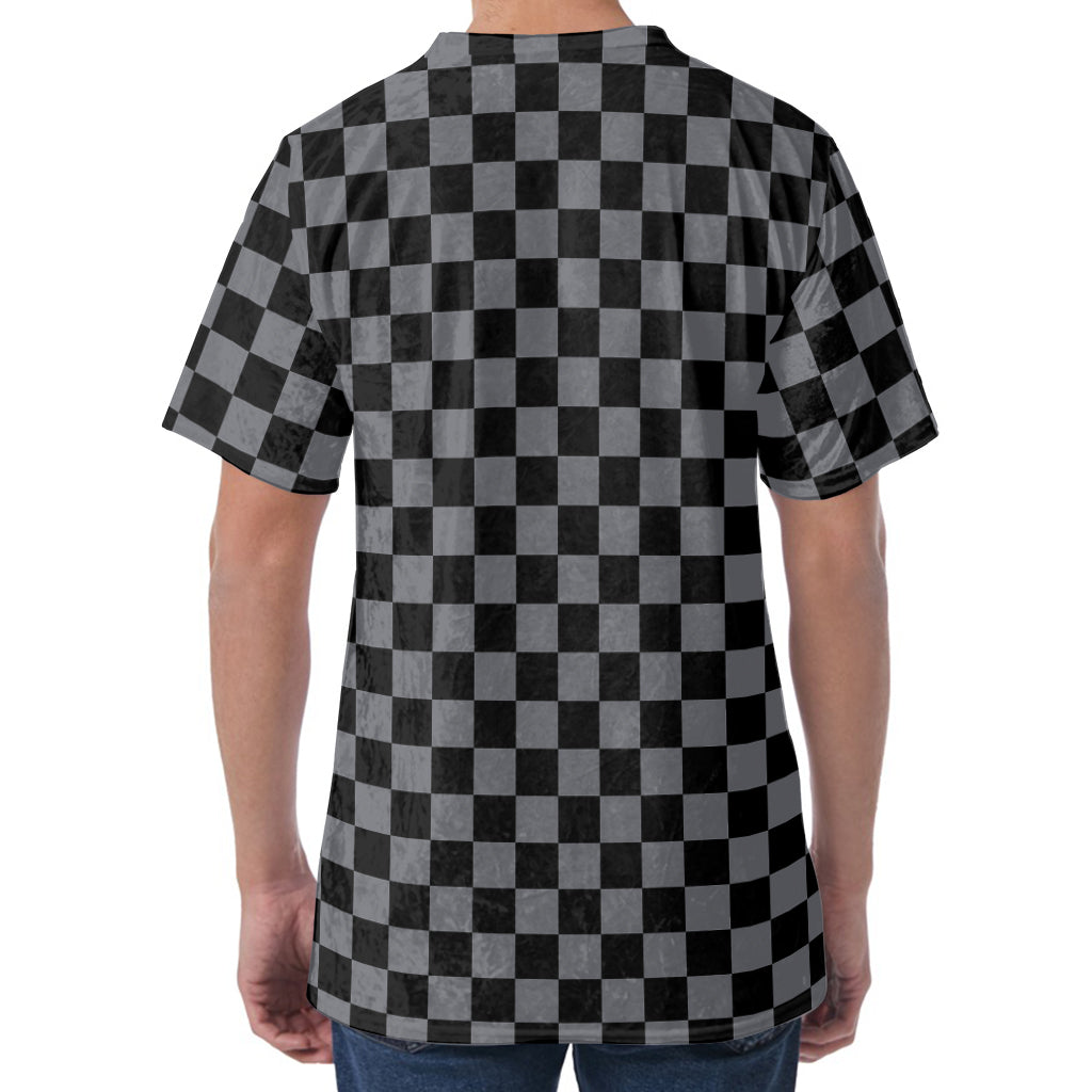 Grey And Black Checkered Pattern Print Men's Velvet T-Shirt