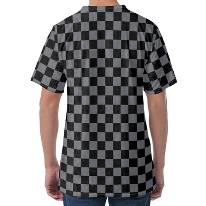 Grey And Black Checkered Pattern Print Men's Velvet T-Shirt