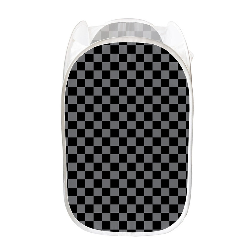 Grey And Black Checkered Pattern Print Mesh Laundry Hamper