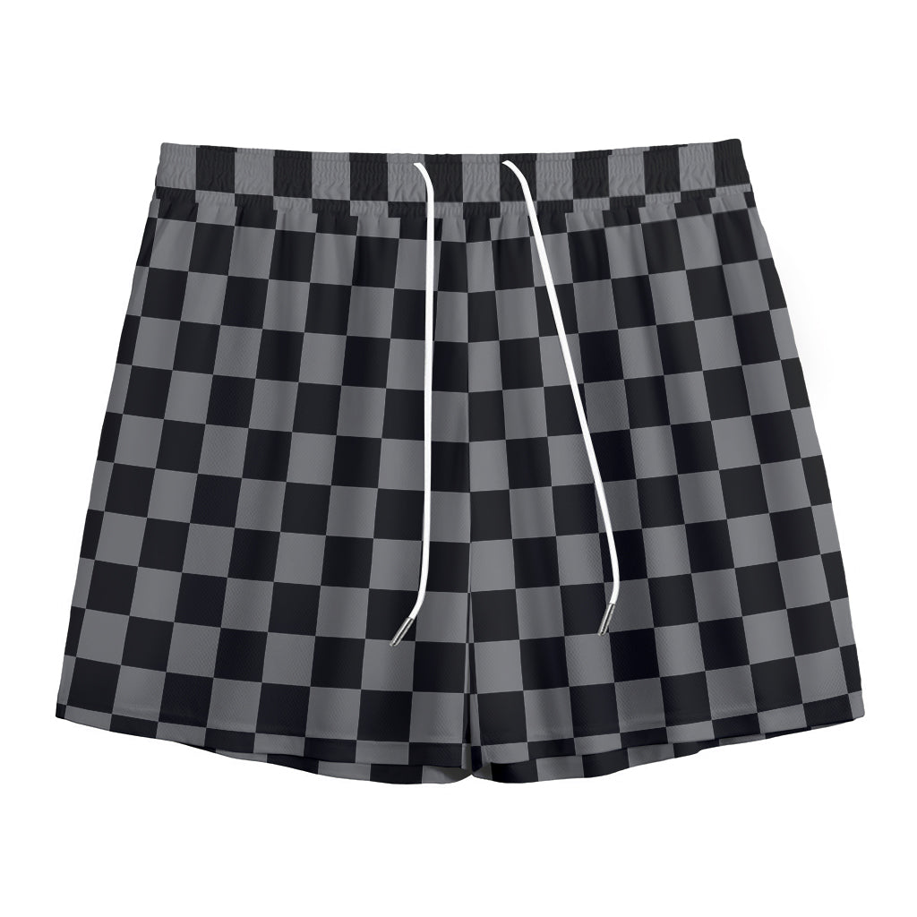 Grey And Black Checkered Pattern Print Mesh Shorts