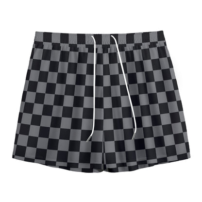 Grey And Black Checkered Pattern Print Mesh Shorts