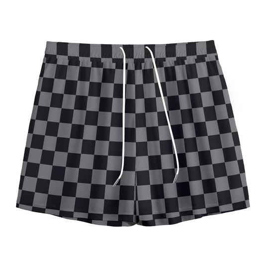 Grey And Black Checkered Pattern Print Mesh Shorts
