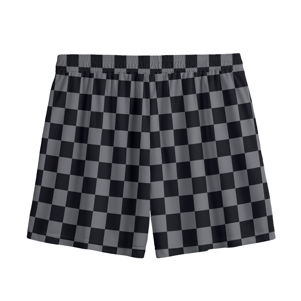 Grey And Black Checkered Pattern Print Mesh Shorts