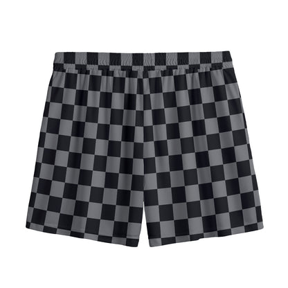 Grey And Black Checkered Pattern Print Mesh Shorts