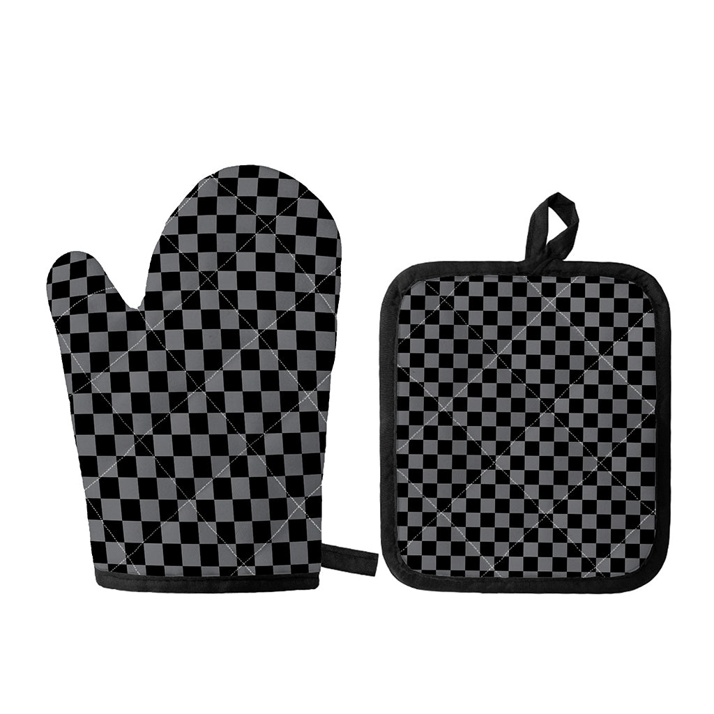 Grey And Black Checkered Pattern Print Oven Mitt And Pot Holder Set