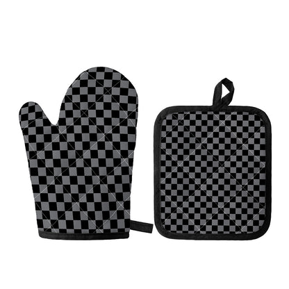 Grey And Black Checkered Pattern Print Oven Mitt And Pot Holder Set