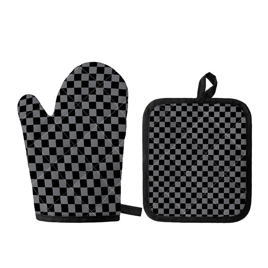 Grey And Black Checkered Pattern Print Oven Mitt And Pot Holder Set