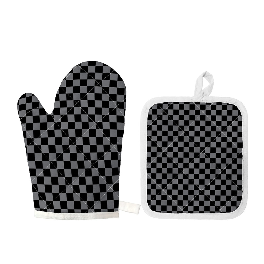 Grey And Black Checkered Pattern Print Oven Mitt And Pot Holder Set