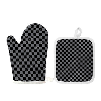 Grey And Black Checkered Pattern Print Oven Mitt And Pot Holder Set