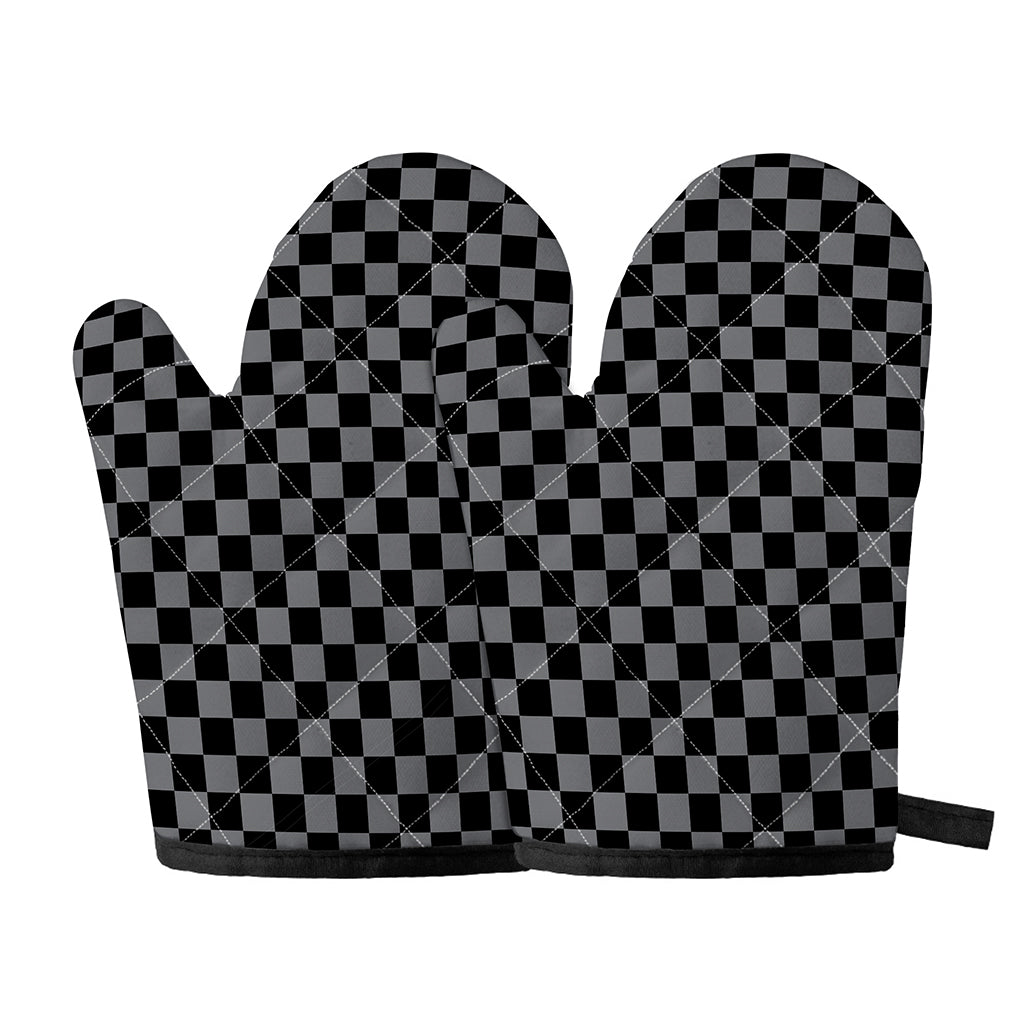 Grey And Black Checkered Pattern Print Oven Mitts
