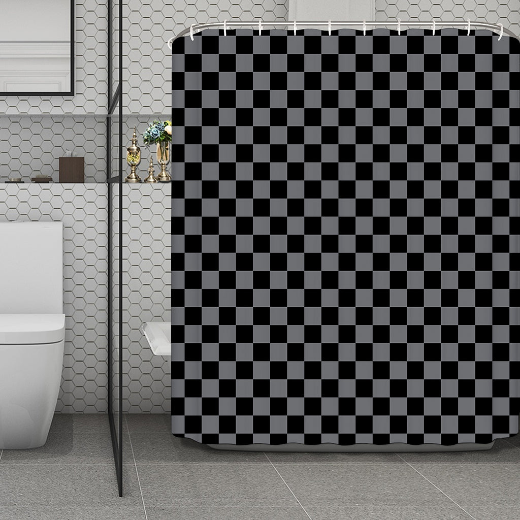Grey And Black Checkered Pattern Print Polyester Shower Curtain