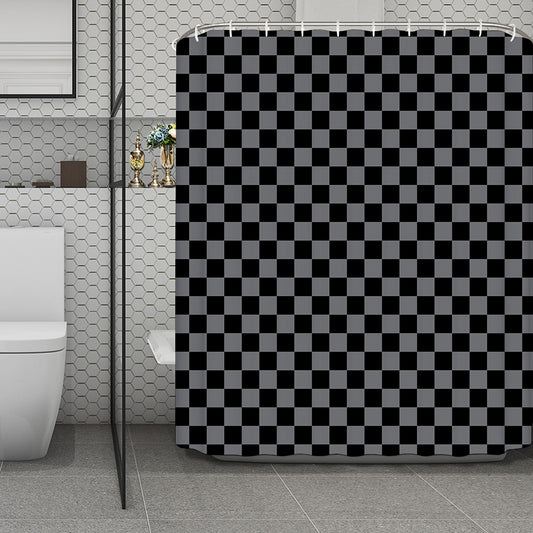 Grey And Black Checkered Pattern Print Polyester Shower Curtain