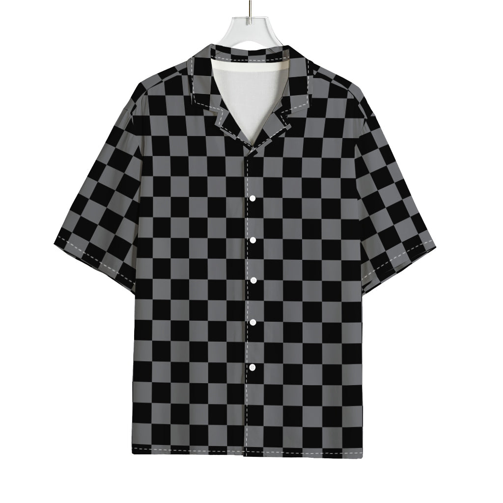 Grey And Black Checkered Pattern Print Rayon Hawaiian Shirt
