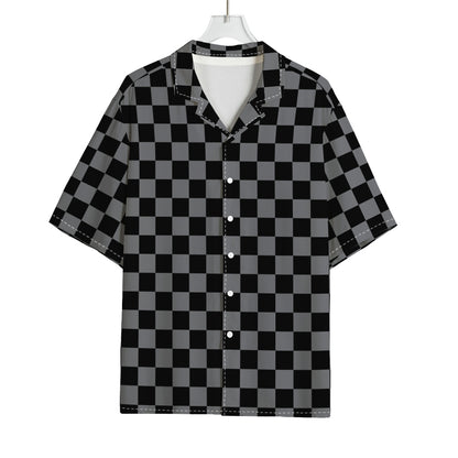 Grey And Black Checkered Pattern Print Rayon Hawaiian Shirt