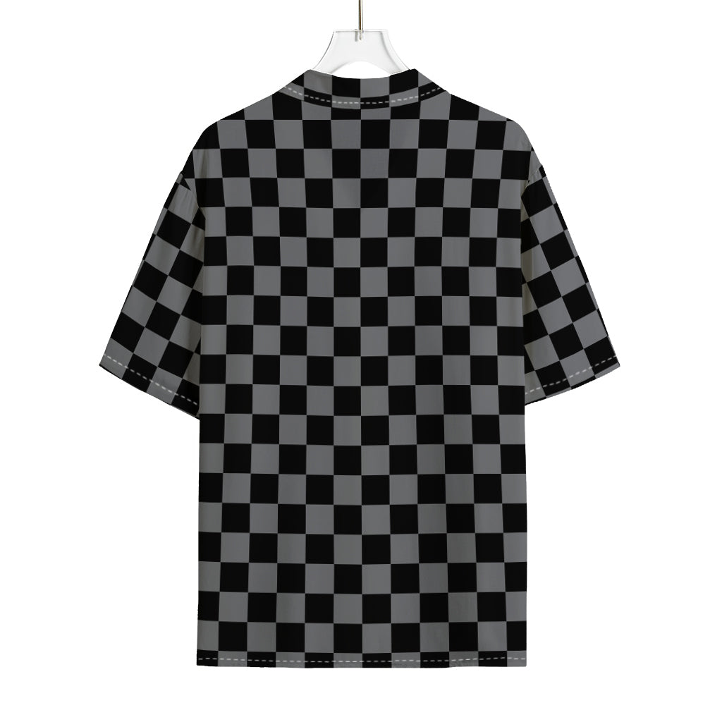 Grey And Black Checkered Pattern Print Rayon Hawaiian Shirt