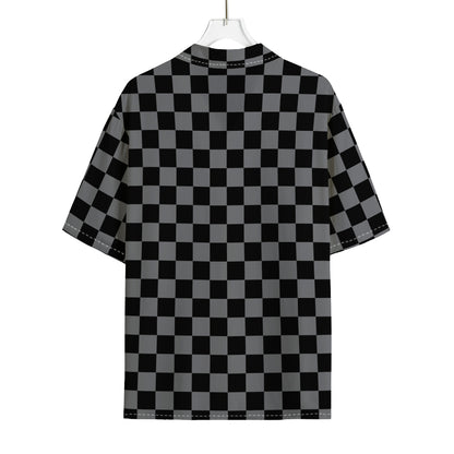 Grey And Black Checkered Pattern Print Rayon Hawaiian Shirt