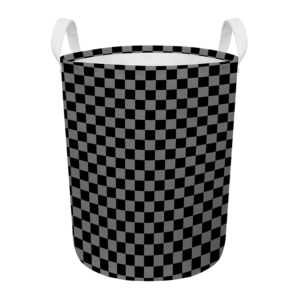 Grey And Black Checkered Pattern Print Round Laundry Basket