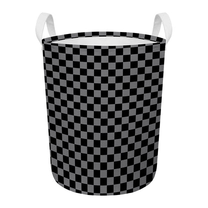 Grey And Black Checkered Pattern Print Round Laundry Basket