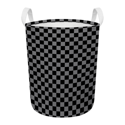 Grey And Black Checkered Pattern Print Round Laundry Basket